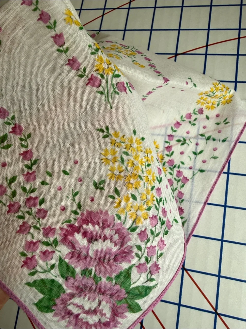 Lot of 3 Vintage Floral Cotton Handkerchiefs Pink Roses Cottagecore